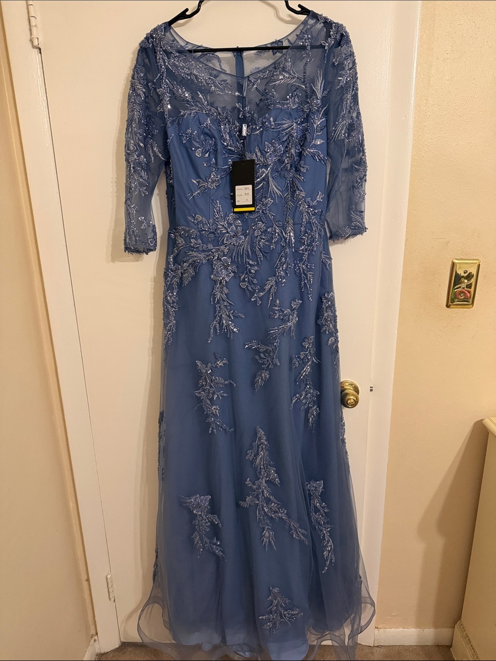 Blue Embroidered Long-Sleeve Evening Dress - Women Dresses